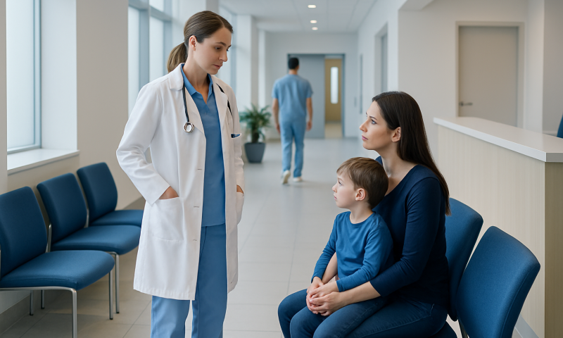 Doctor talking to mother and child in hospital waiting area.