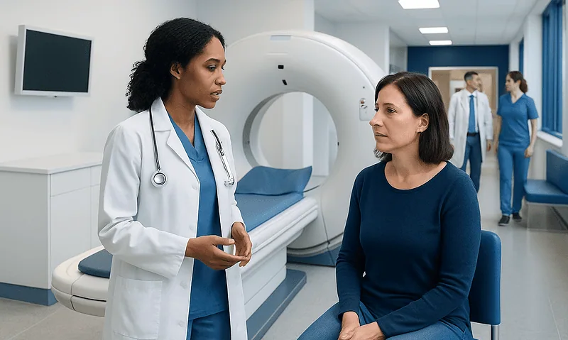 Doctor explaining PET scan procedure to patient in hospital.