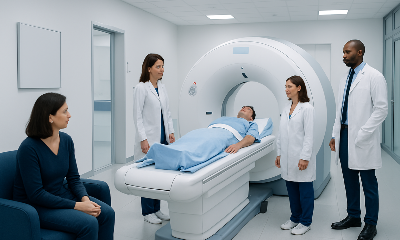 Medical team prepares patient for PET scan in a modern hospital setting.