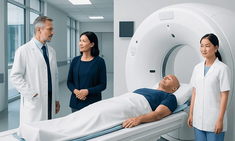 Patient undergoing PET scan in a modern hospital setting with medical staff.