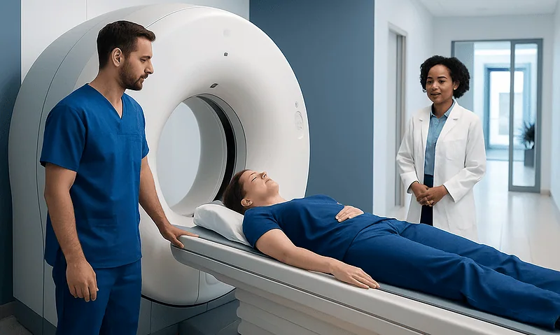Patient undergoing PET scan in a modern medical facility.