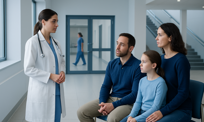 Doctor explaining PET scan process to family in hospital corridor.