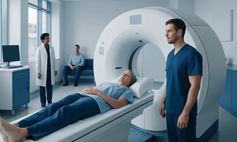 Patient undergoing PET scan in a modern hospital setting with medical staff present.
