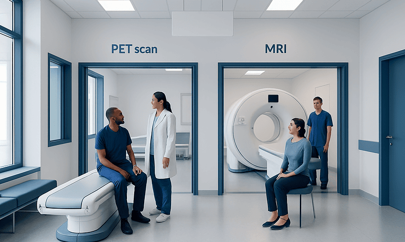 Hospital imaging rooms for PET scan and MRI with medical staff and patients.