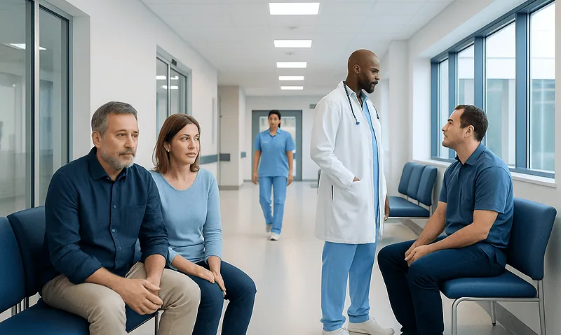 Urologist consulting with patients in a hospital corridor.
