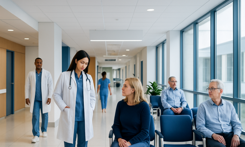 Medical staff and patients in a hospital corridor with large windows.