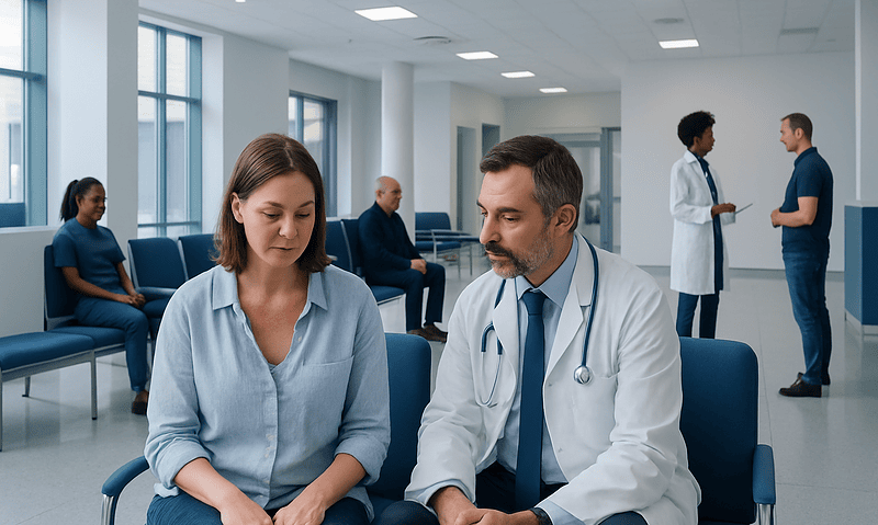 Doctor consulting with a patient in a hospital waiting area.