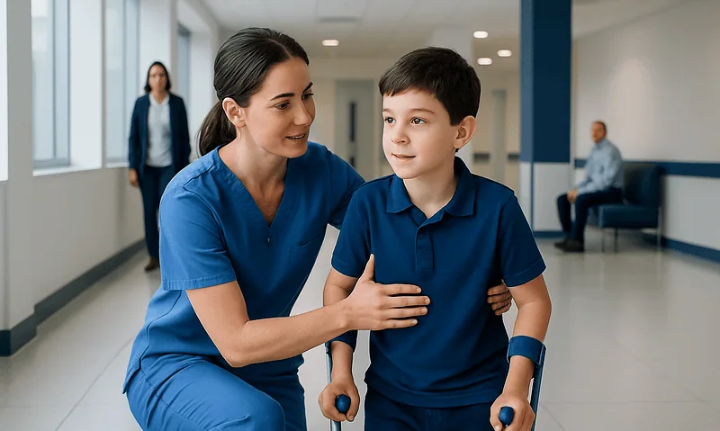 Healthcare professional assisting a young boy in a hospital corridor.