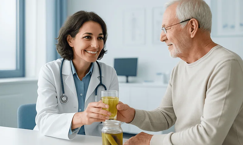 Doctor giving pickle juice to elderly patient in hospital setting.