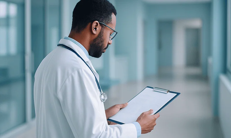 Doctor reviewing patient notes in a hospital corridor.