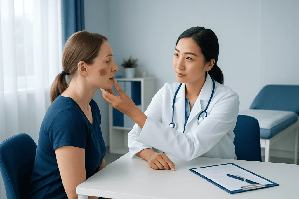 Doctor examining a patient's face for pigmentation issues in a clinic setting.
