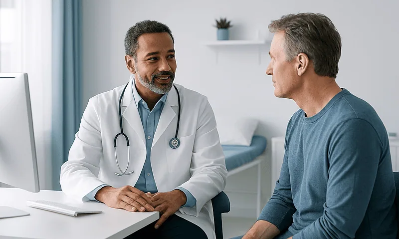 Doctor consulting with a patient in a modern medical office.