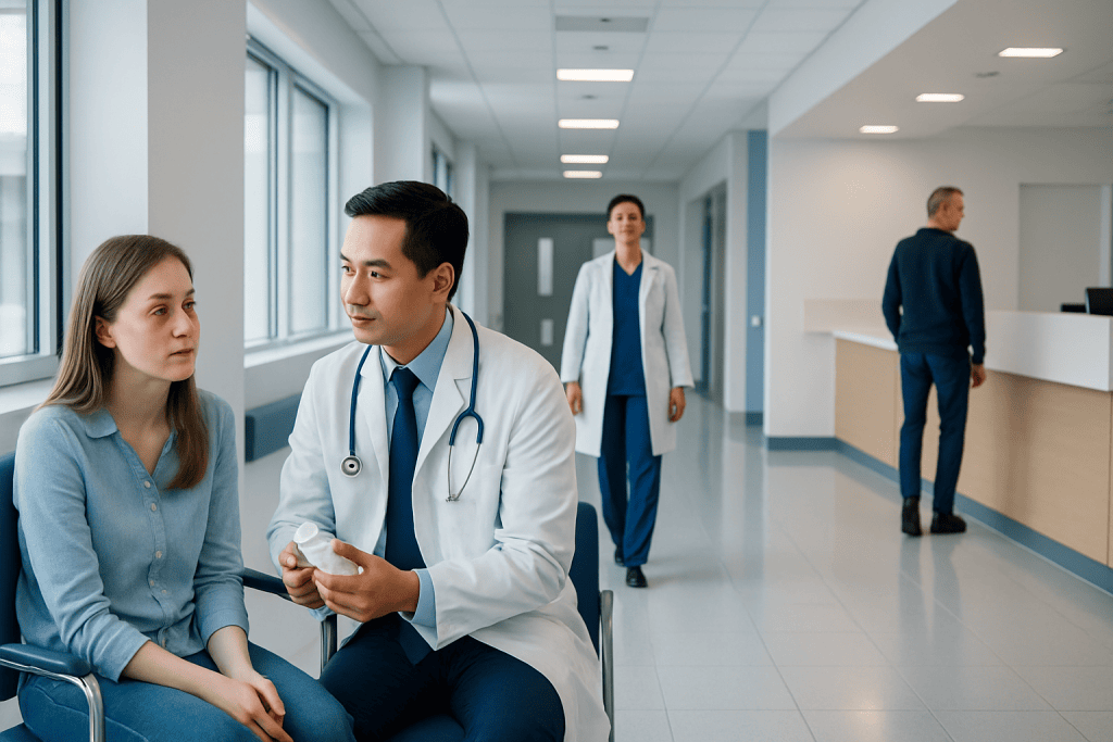 Pink Eye Treatment Antibiotics: How It Works, Results and What to Expect 1 Doctor consulting a young woman in a hospital corridor.