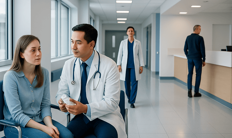 Doctor consulting a young woman in a hospital corridor.