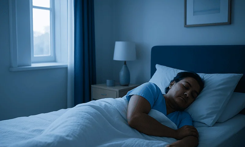 Woman sleeping peacefully in a cozy bedroom with blue decor and natural light.