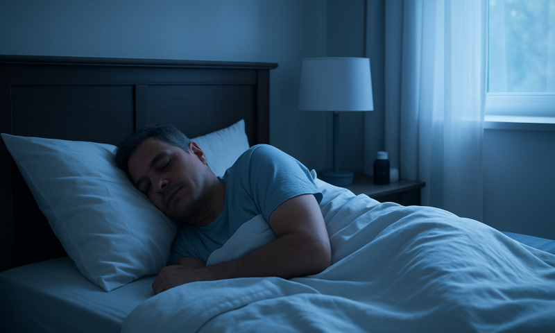 Young man sleeping peacefully in a dark bedroom with natural light from the window.