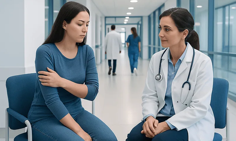Young woman consulting with a doctor in a hospital corridor.
