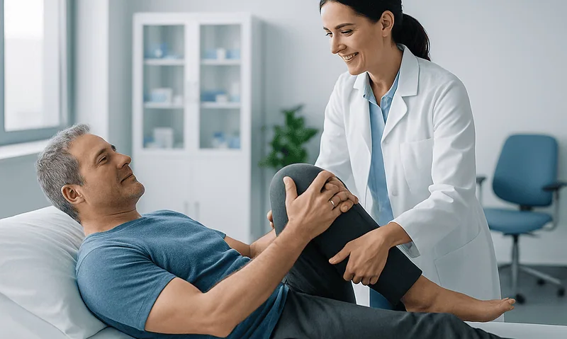 Physiotherapist examining patient's knee for sciatic pain relief.