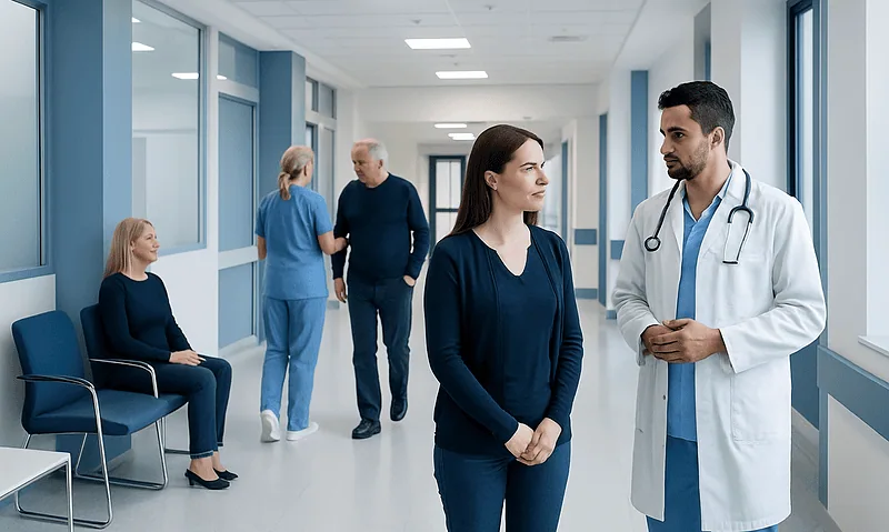 Medical consultation in a hospital corridor with doctors and patients.