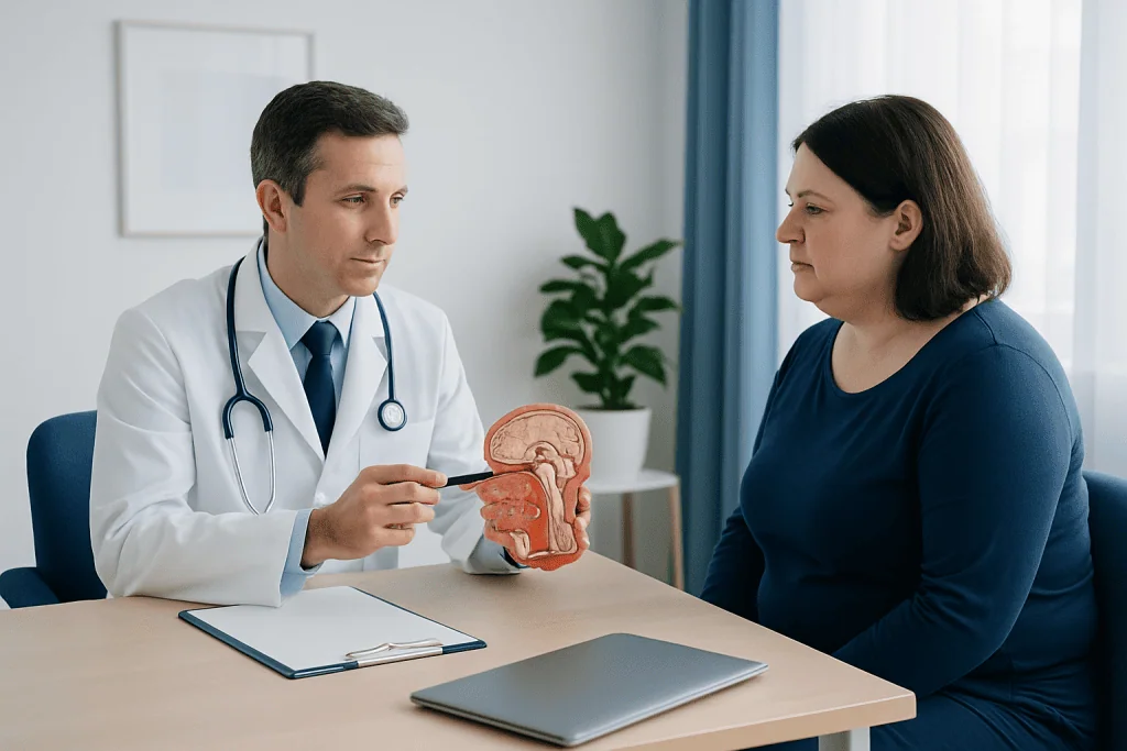Doctor explaining a brain model to a patient in a consultation room.