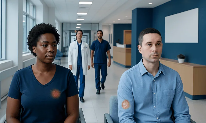 Medical professionals in a hospital corridor with skin rash on patients' arms.