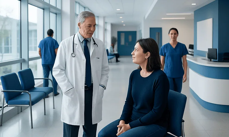 Doctor consulting a patient in a modern hospital corridor.