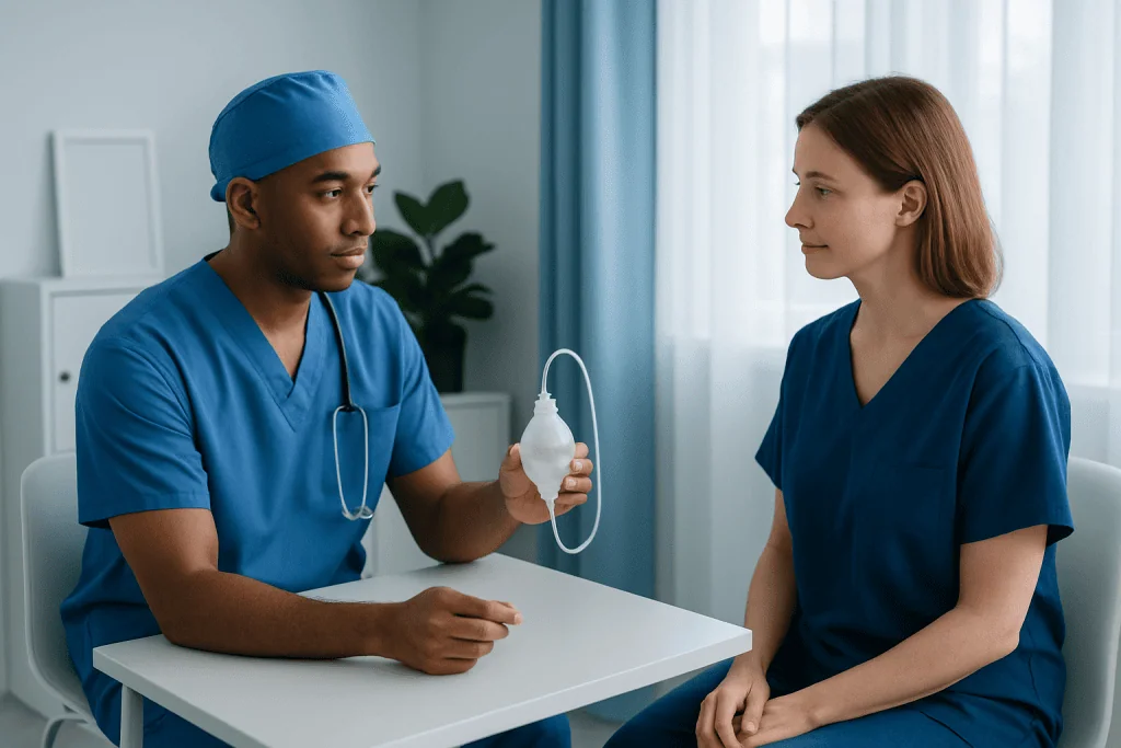 Medical professional explaining surgical drain to patient in hospital room.