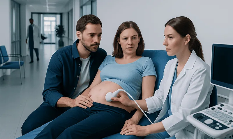 Pregnant woman undergoing ultrasound with medical staff in hospital.