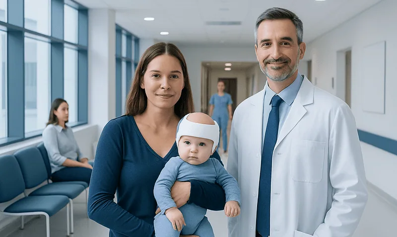 Pediatric patient with mother and doctor in hospital corridor.
