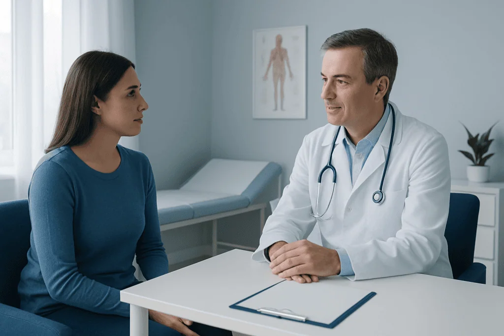 Doctor consulting with a patient in a modern medical office.