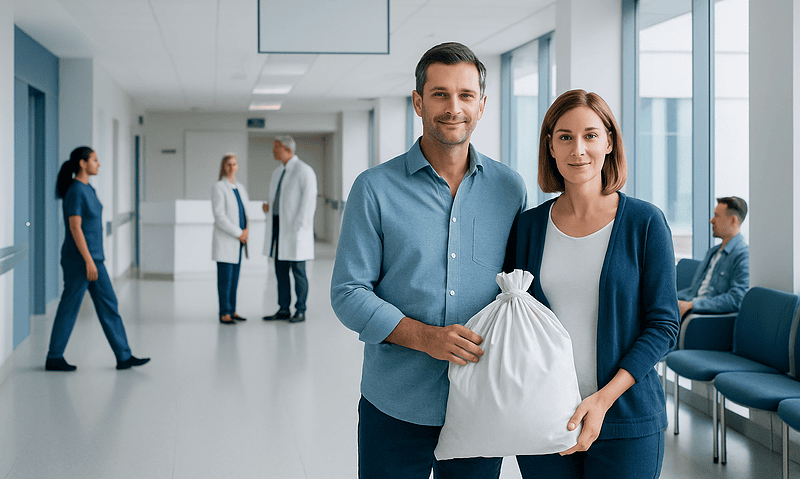 Happy couple holding laundry bag at Acibadem Hospital in Turkey.