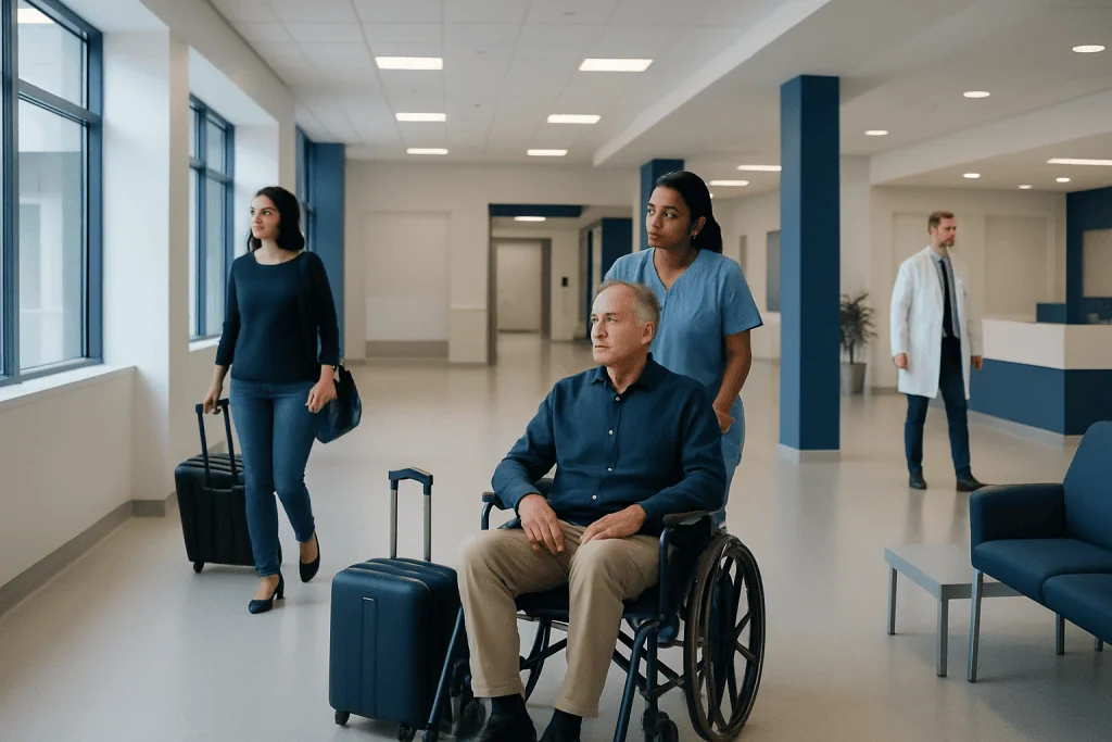 Returning Home with New Medical Restrictions: A Travel Planning Guide 1 Patients waiting in hospital corridor with luggage, including a man in wheelchair.