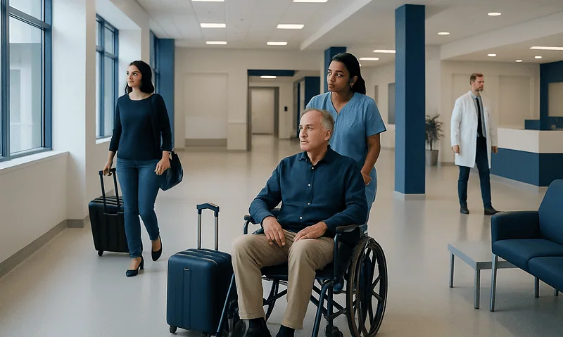 Patients waiting in hospital corridor with luggage, including a man in wheelchair.