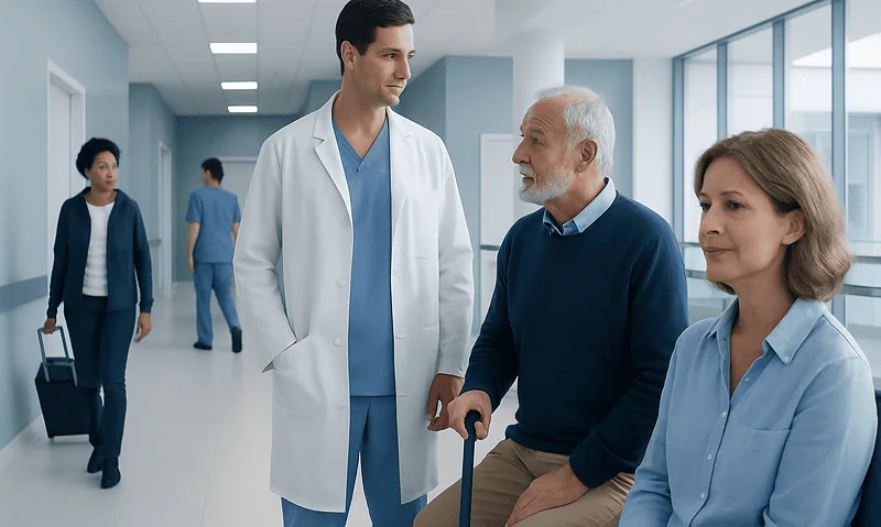 Hospital staff consulting with elderly patient in a modern healthcare facility.