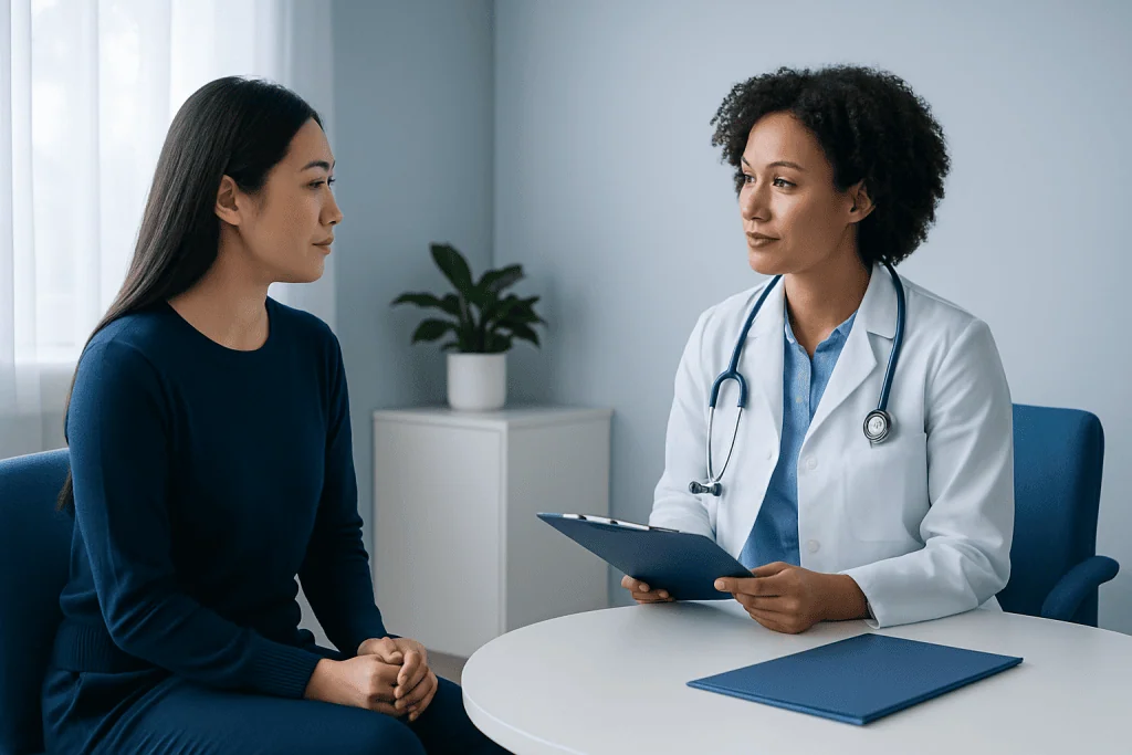Doctor consulting with patient in a medical office setting.