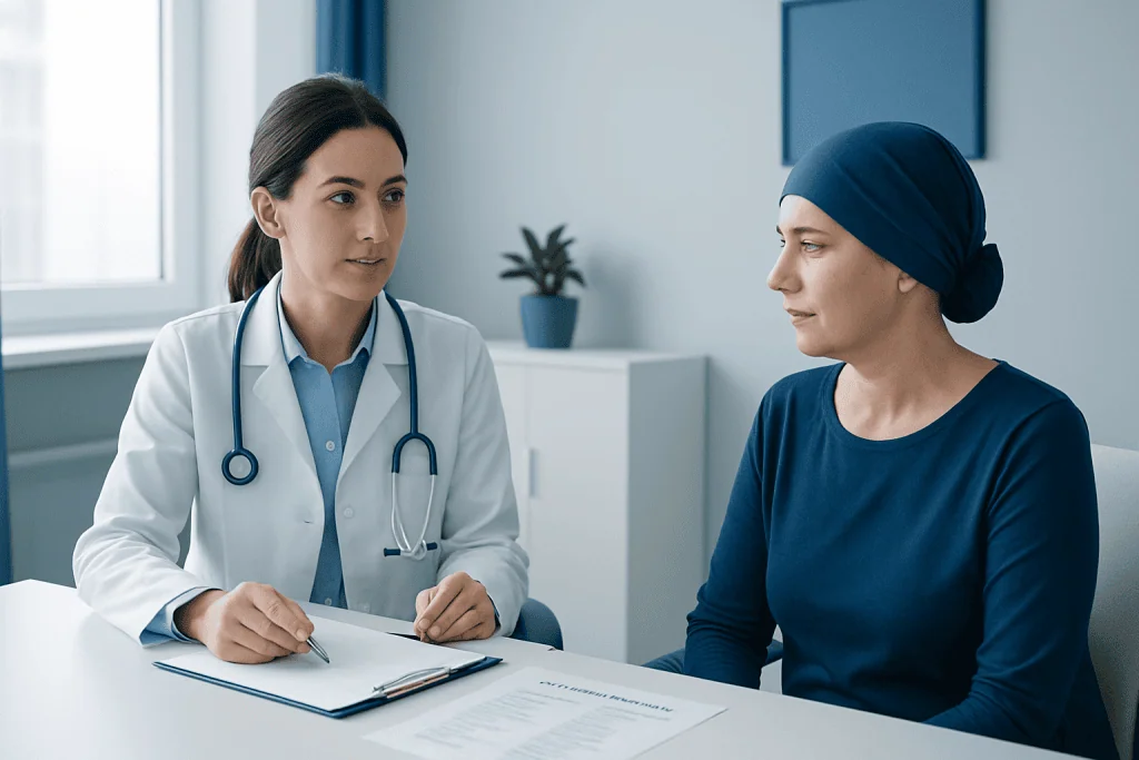 Doctor consulting a patient in a medical office with a stethoscope.