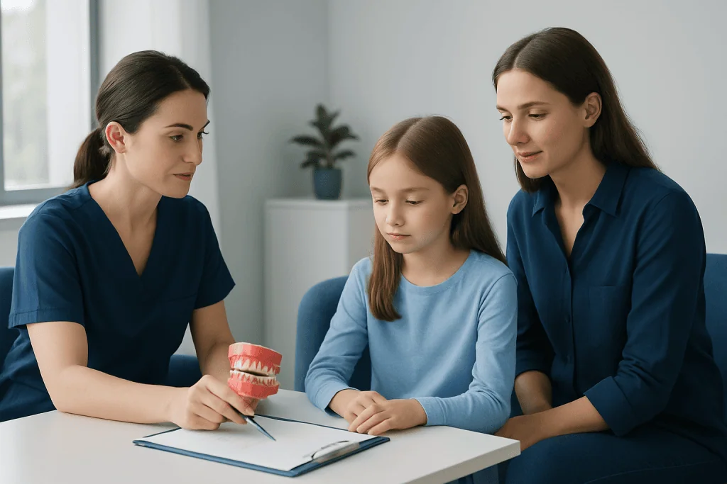 Pediatric orthodontist explaining dental braces to young girl with mother present.