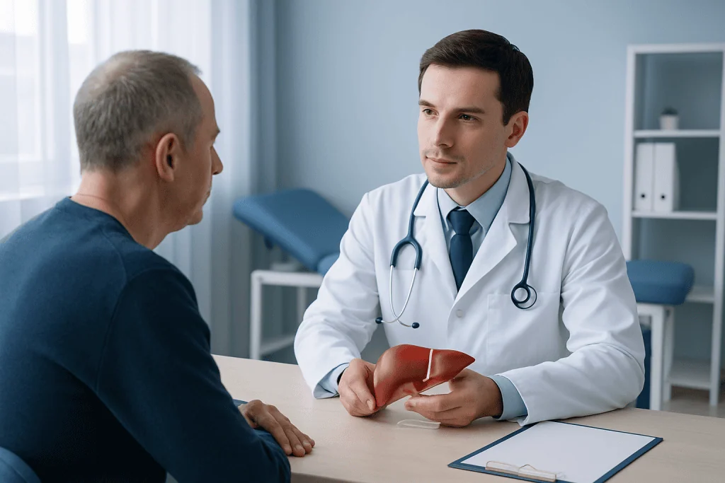 Doctor explaining liver health to patient in a medical consultation.