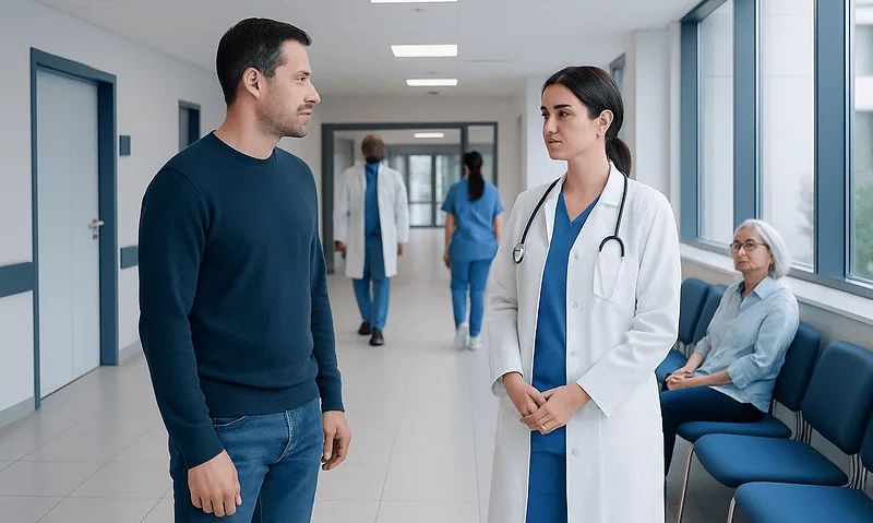 Doctor and patient having a conversation in hospital corridor.