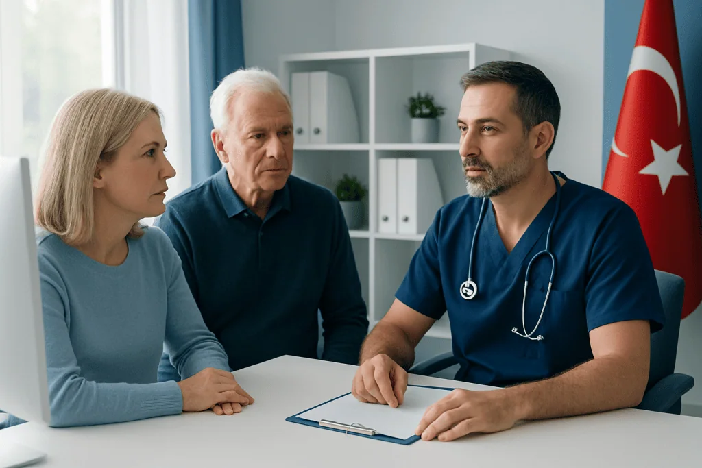Doctor discussing biopsy results with a patient and companion in a medical office.