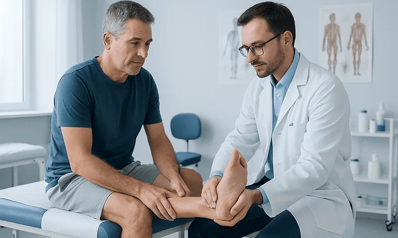 Doctor examining patient's foot for plantar fasciitis symptoms.