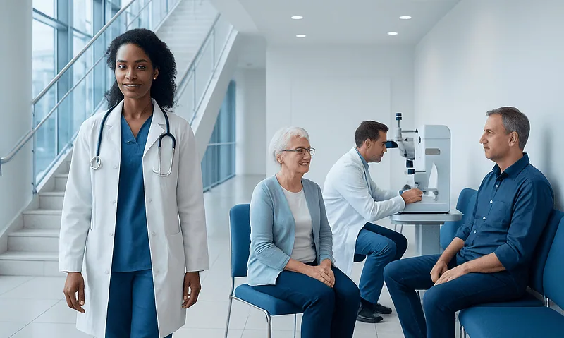Healthcare professionals and patient in a modern medical clinic.