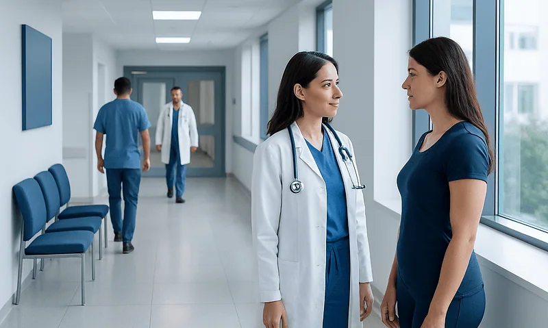 Medical professionals discussing patient care in hospital corridor.