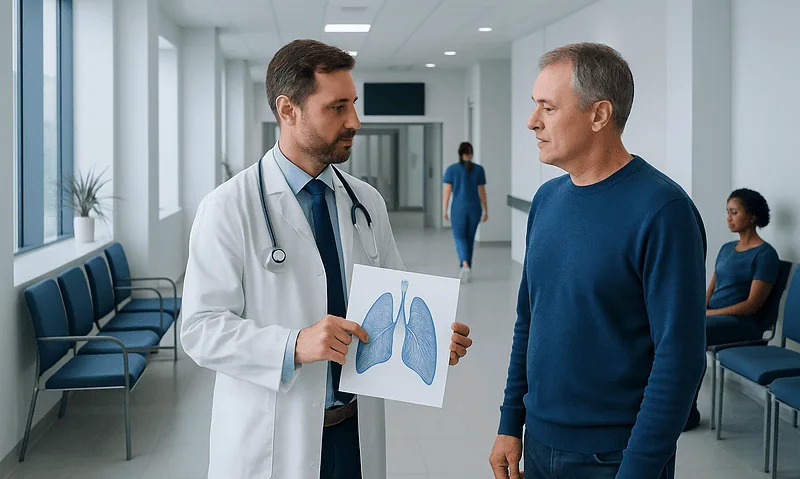Ple Treatment: How It Works, Results and What to Expect 1 Doctor explaining lung X-ray to patient in hospital corridor.