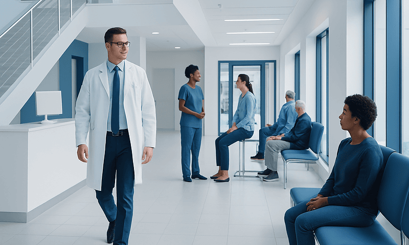 Medical professionals and patients in a modern hospital waiting area.