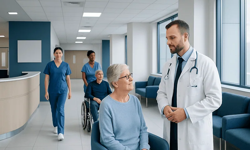 Doctor consulting elderly patient in hospital corridor with staff in background.