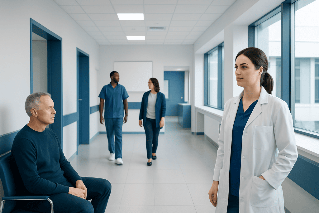 Pluvicto Radiation Safety: How It Works, Results and What to Expect 1 Medical consultation in a hospital corridor with healthcare professionals and patient.