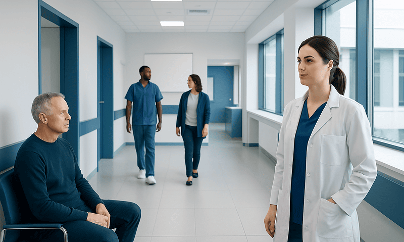 Pluvicto Radiation Safety: How It Works, Results and What to Expect 5 Medical consultation in a hospital corridor with healthcare professionals and patient.