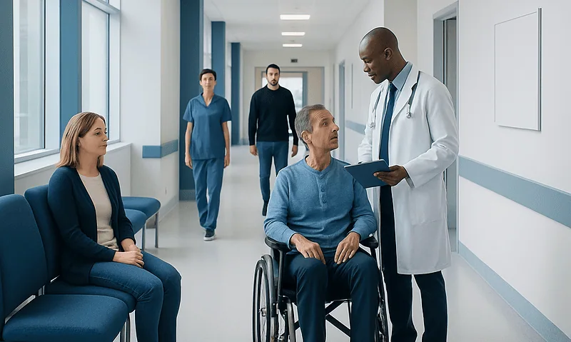 Doctor consulting with a patient in a wheelchair in a hospital corridor.