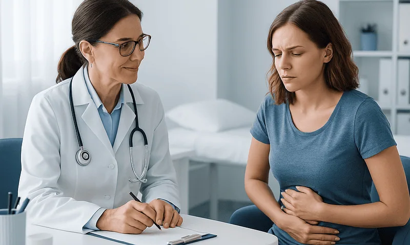 Doctor consulting with a woman patient about health concerns in a clinic.